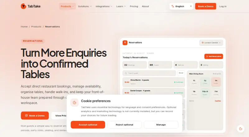 The TabTake Reservations homepage