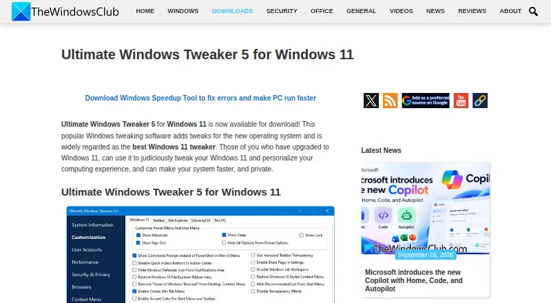 Ultimate Windows Tweaker's own site