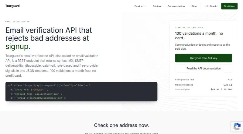 Trueguard Email Verification API's own site