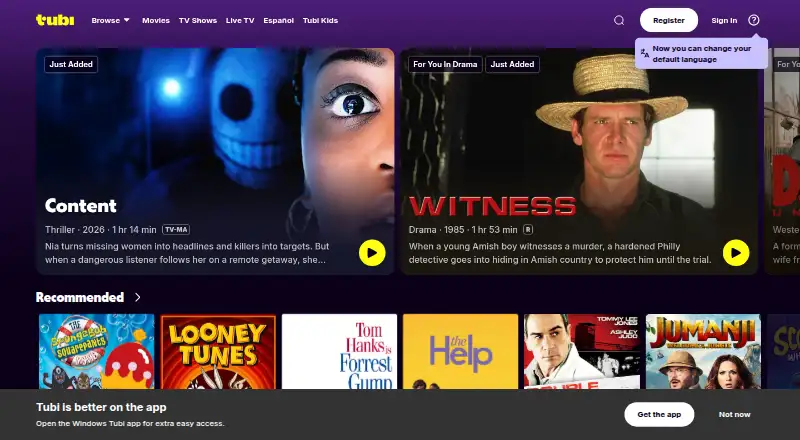 Tubi's own site