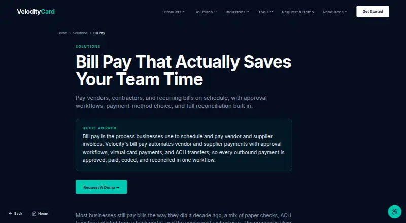 Velocity Bill Pay's own site