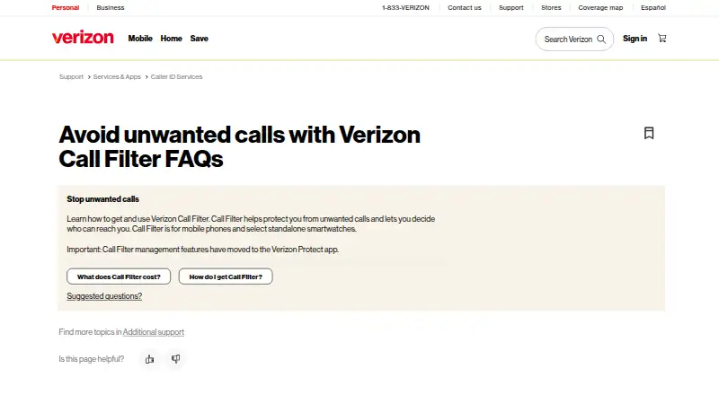 Verizon Call Filter's own site
