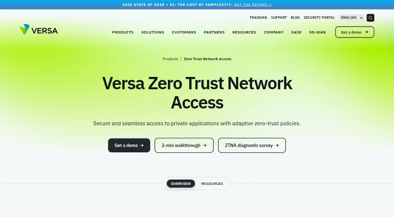 The Versa Zero Trust Network Access homepage