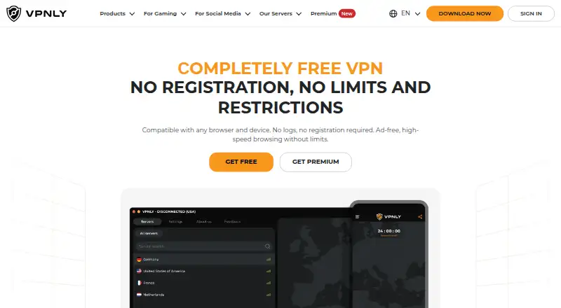 The VPNLY homepage
