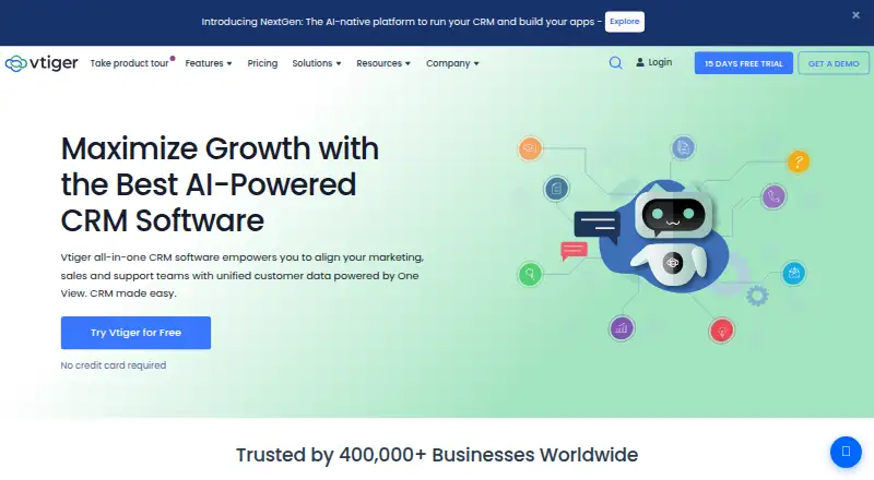 The Vtiger CRM homepage