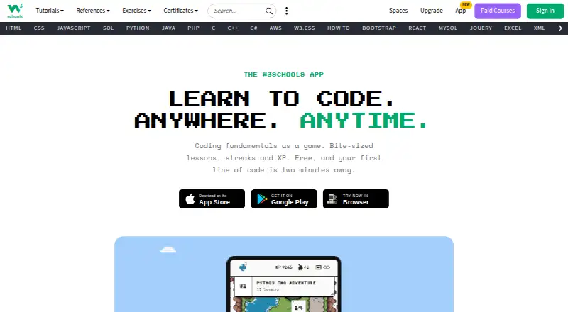 W3Schools Adventure's own site