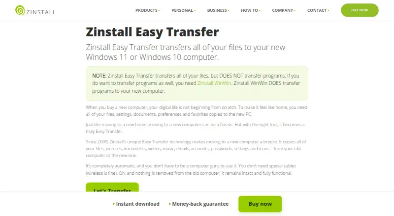 Zinstall Easy Transfer's own site