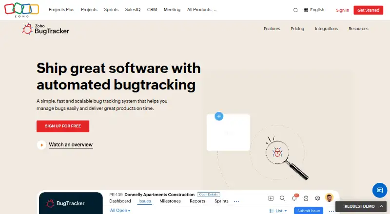 The Zoho BugTracker homepage