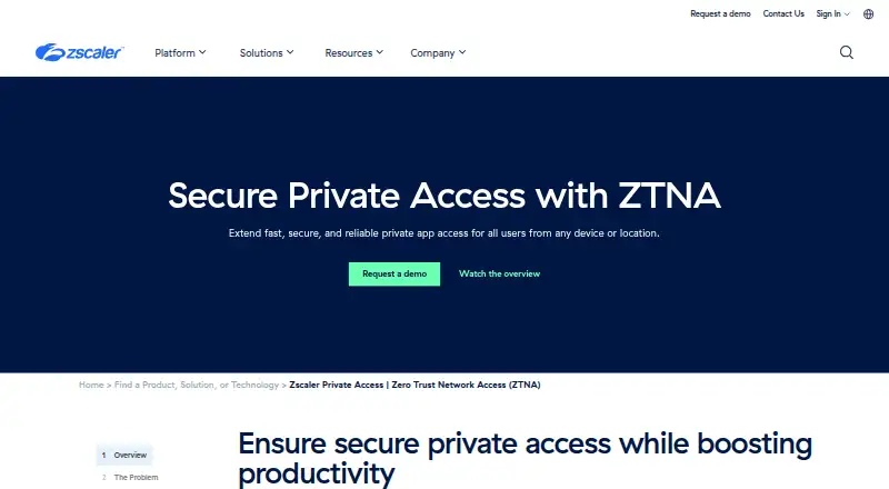 The Zscaler Private Access homepage